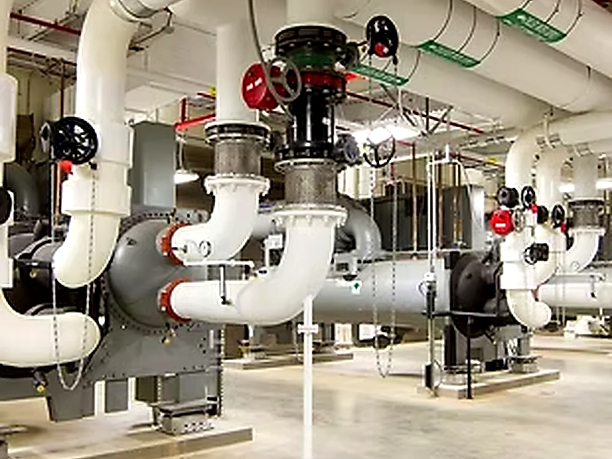 Commercial mechanical piping systems inside a facility.