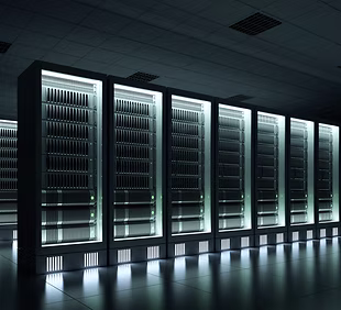 Data center infrastructure in a controlled facility environment.